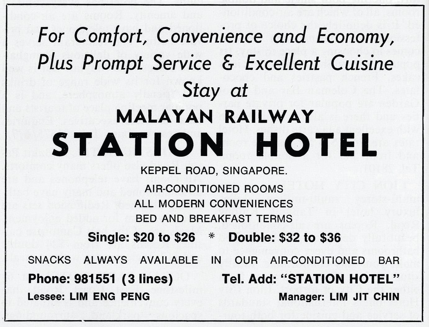 Station Hotel advertisement from the 1960s. Advertisement from the author’s collection.
